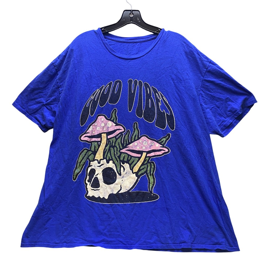Good‎ Vibes Shirt Mens 2XL Skull Mushroom Trippy Hippie Royal Blue Streetwear